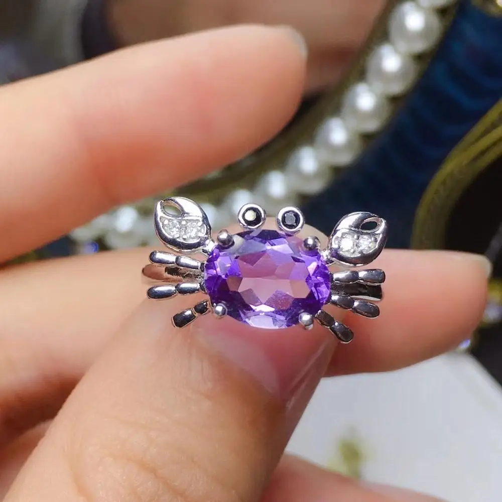 good luck crab shape purple Amethyst gemstone ring 925 Sterling silver fine jewelry natural gem funny birthday gift child