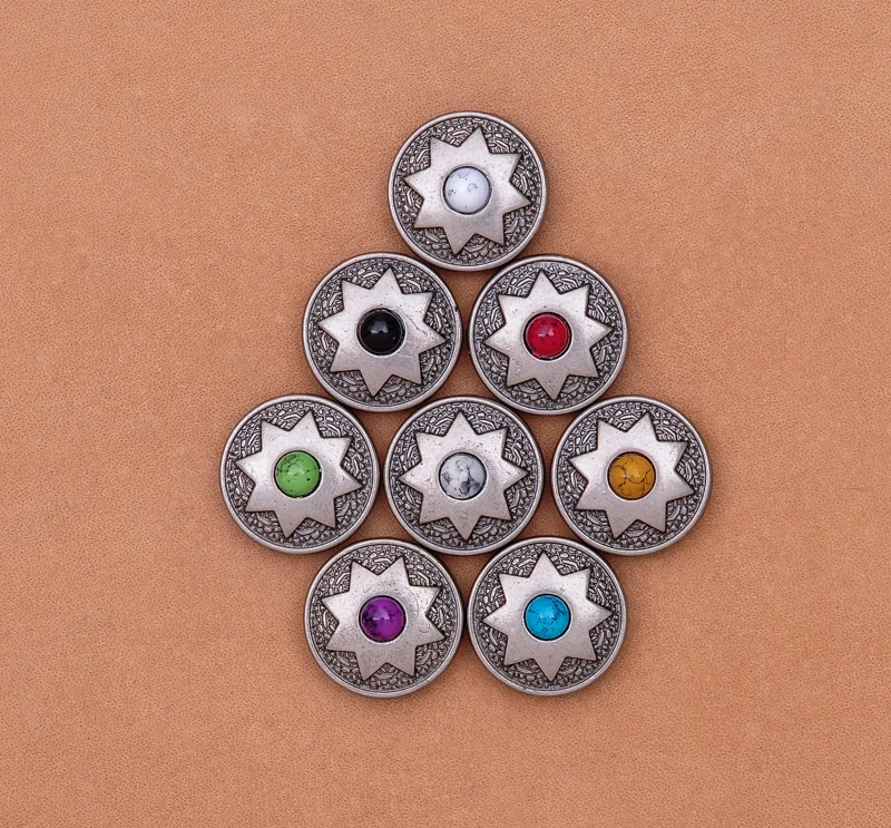 15mm 20pcs Antique Silver Lucky Star Flower Engraved Leathercraft Saddles Bag Belt Decoration Turquoise Conchos Set Rivet Back