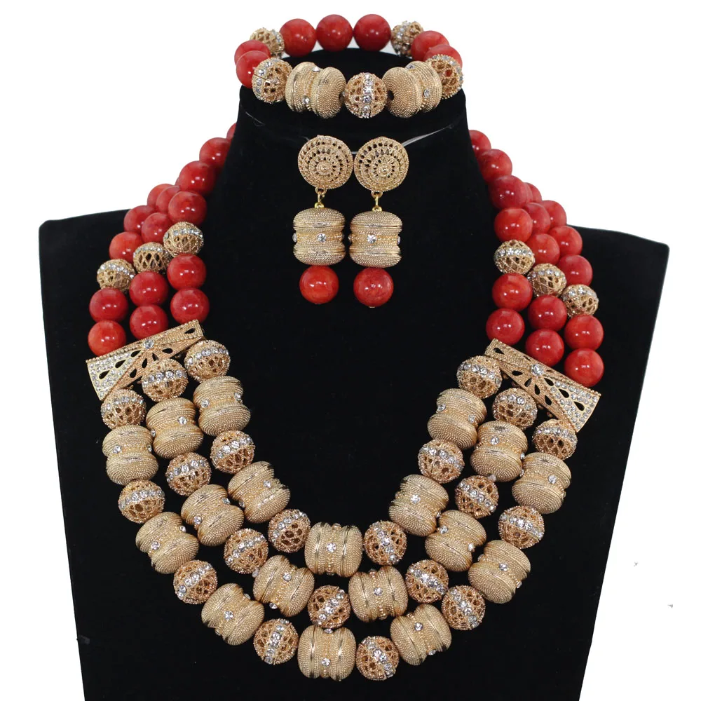 

Luxury Dubai Gold Women Costume Party Jewelry Set African Red Coral Beads Bridal Jewelry Set Birthday Gift Free Shipping ABH508