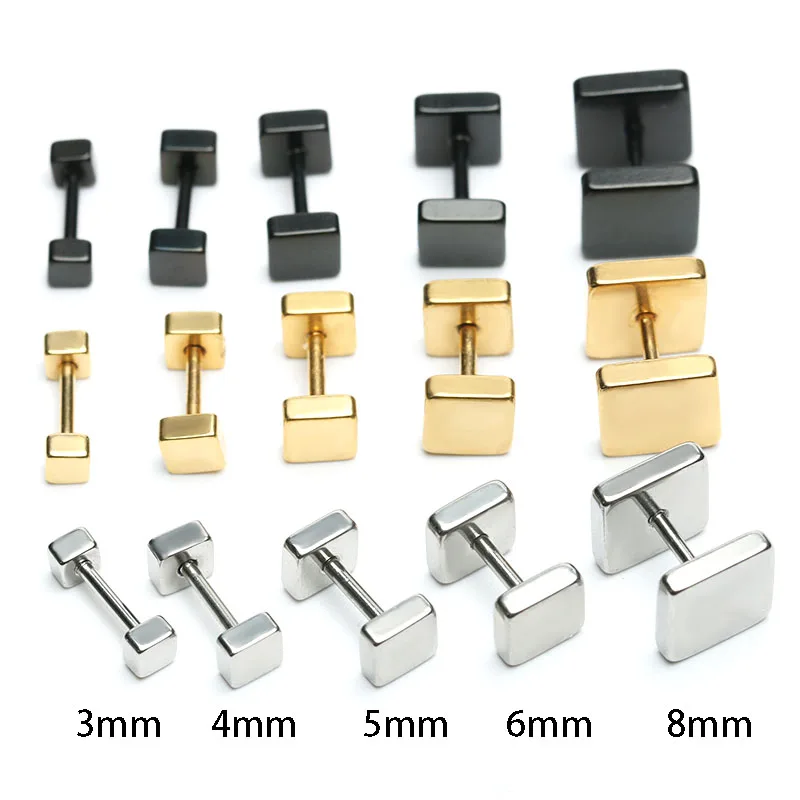 2PCS Fashion Square Ear Studs Earrings Brincos Pendientes Barbell Ear Plugs Titanium Steel Anti-allergic Punk Jewlery Men Women