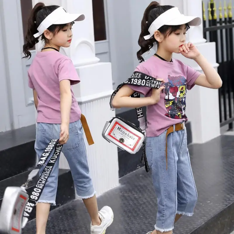 

Summer2019 Girls Clothing Set Cotton T-shirt+Denim shorts Clothes Set For Girl Outfits 3-12T Teenager Sports Suits Kids Tracksui