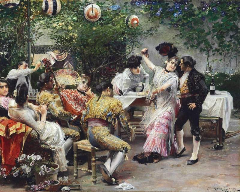 

Classical figurative painting canvas portrait art poster picture daning party in the garden figures modern home decor