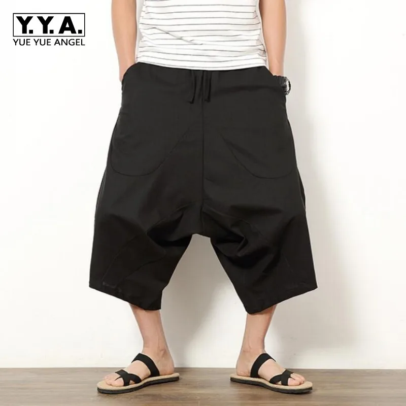 Summer Men\'s Japanese Samurai Boho Summer Harem Shorts Hakama Linen Cotton Pants 5 Colors Loose Fit Short Pants Big Size