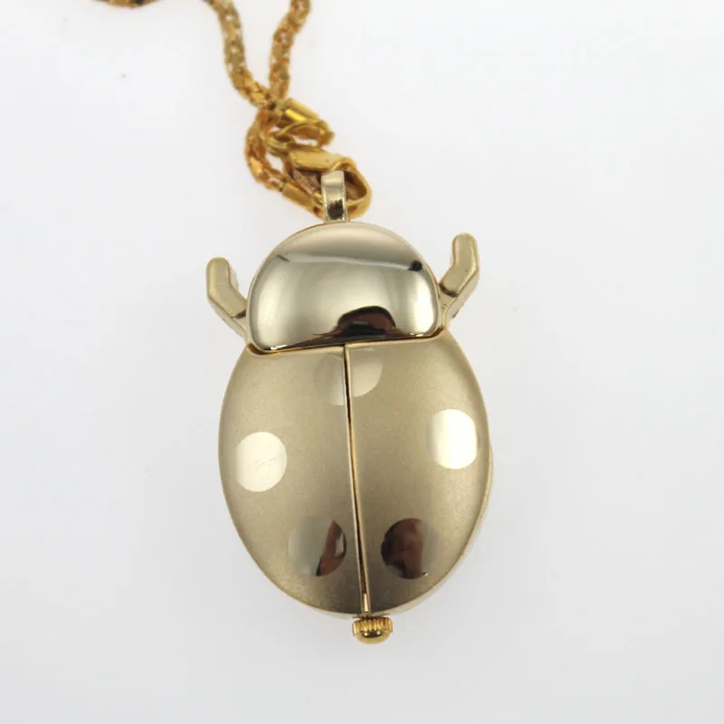 Bulk 10pcs/Lot Gold Ladybug Beetle Necklace Pendant Pocket Quartz Watch Chain Battery Included Gift GL02GT