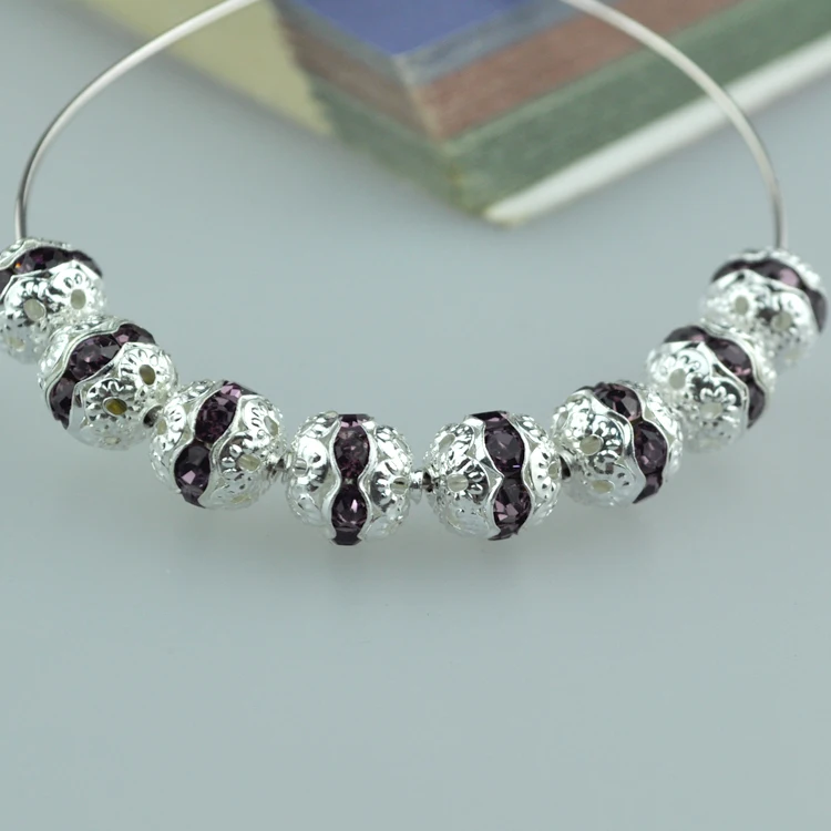 

Free Shipping 100pcs/lot Silver Plated Metal Beads 10mm Middle Purple Crystal Rhinestone Spacer Charm Beads Bracelet DIY Beads