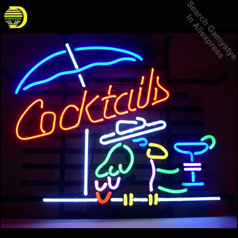 

NEON SIGN For COCKTAIL PARROT COCKTAILS Signboard REAL GLASS BEER BAR PUB display outdoor Light Signs 17*14" vintage neon signs