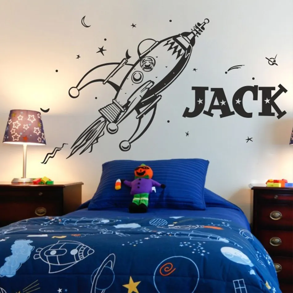 

3 sizes New style ROCKET wall sticker space boys bedroom stickers art vinyl Personalised kids name stars decal