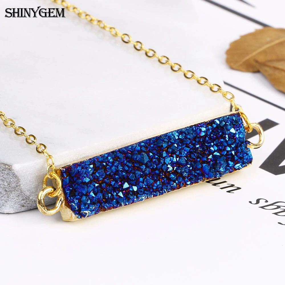 ShinyGem 10*40 مللي متر Druzy حجر اليدوية المعدنية كريستال مستطيلة قلادة الذهب سلسلة الأحجار الكريمة الطبيعية مجوهرات للنساء #4