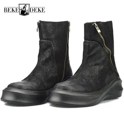 Top Brand Cow Genuine Leather Fashion Thick Platform Mens  Boots Harajuku Zipper Round Toe Man Footwear Vintage Rock Shoes