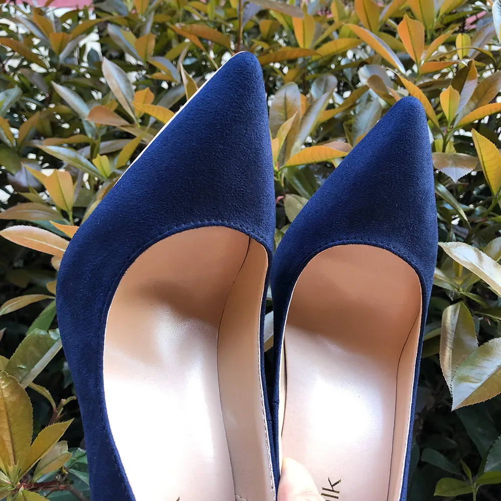 Veowalk Navy Blue Women Synthetic Suede High Heels Pointed Toe Slip on OL Ladies Stiletto Pumps 8 10 12cm Fashion Wedding Shoes