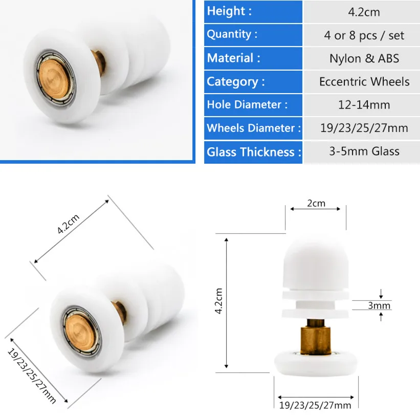 4pcs-8pcs/Set Dia 19/23/25/27mm Straight Plastic Single Pulley Wheel Sliding Door Hardware Roller For Shower Room Pulley