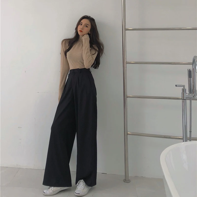 Mazefeng 2019 Spring Autumn Female Solid Wide Leg Pants Women Full Length Pants Ladies High Quality simple Casual Straight Pants