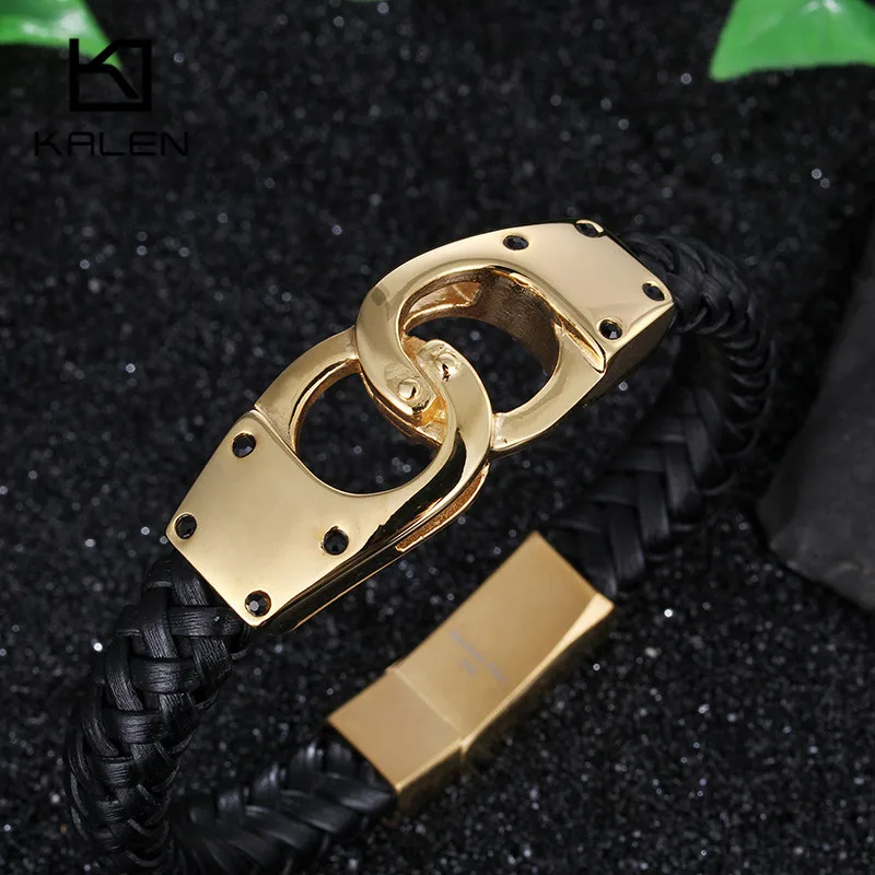Kalen Italian Gold Color Handcuff Leather Bracelets For Men Fashion Stainless Steel 22CM Cheap Braided Leather Bracelets Jewelry