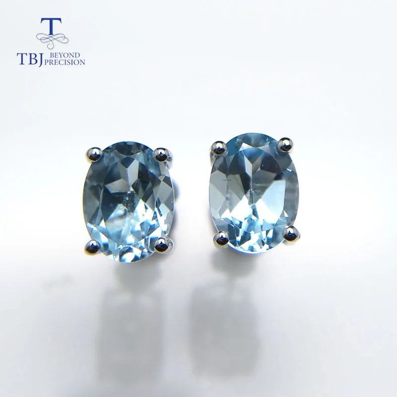 

TBJ,simple natural gemstone earring studs in 925 sterling silver with sky blue topaz oval 6*8mm earring office girls daily use