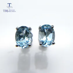 TBJ,simple natural gemstone earring studs in 925 sterling silver with sky blue topaz oval 6*8mm earring office girls daily use