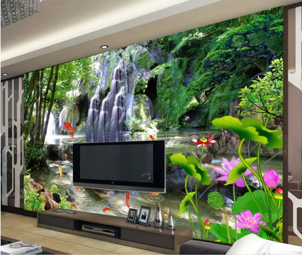 

custom 3d wallpaper Waterfall landscape landscape lotus fresco background wall bathroom 3d wallpaper