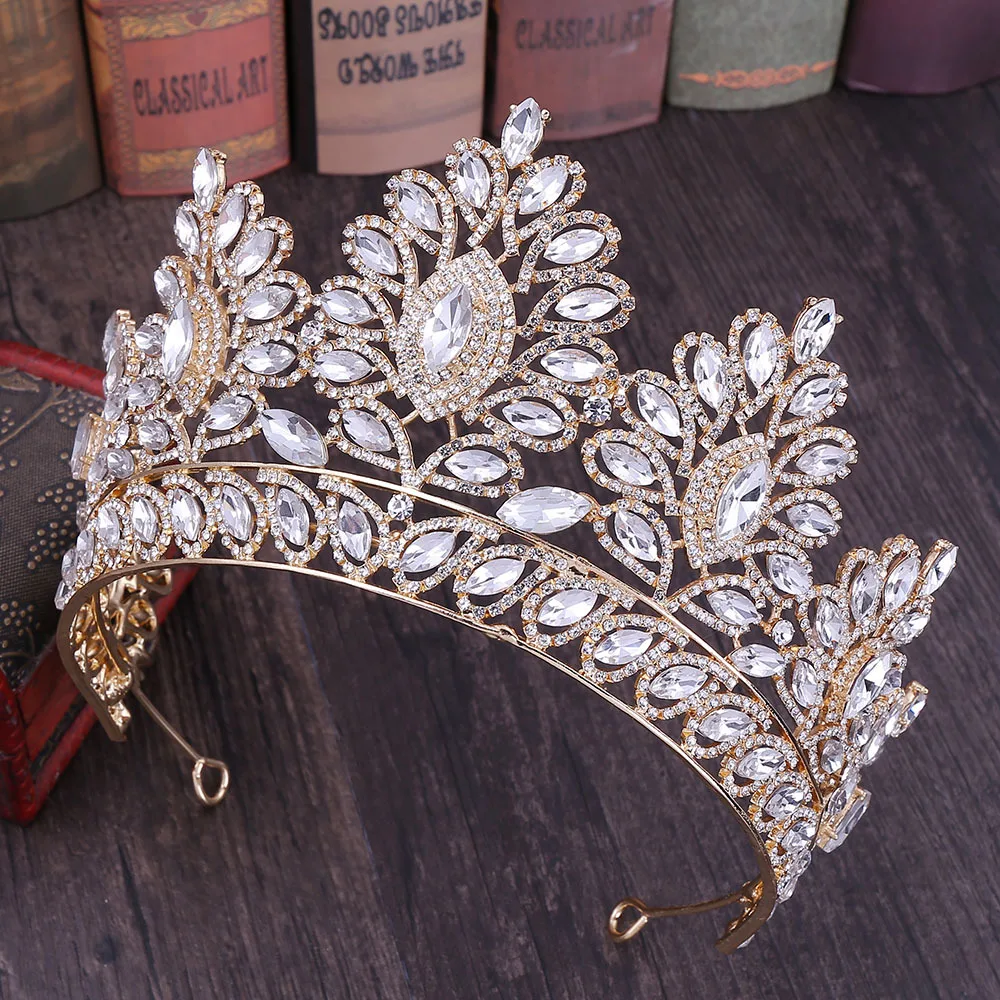 Baroque Rose Gold Color Big Rhinestone Bridal Tiaras Crown Champagne Crystal Diadem Veil Tiara Headband Wedding Hair Accessories