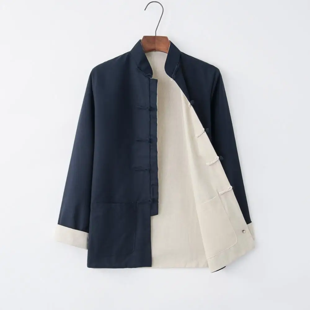 Reversible Autumn New Cotton Linen Chinese Traditional Men Long Sleeve Kung Fu Jacket Coat Tai Chi Uniform Clothing M-4XL