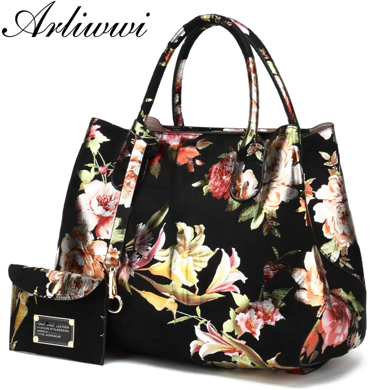 Arliwwi High Quality Faux Leather Ladies Floral Handbags New Lily Blossom Shiny Women Elegant Tote Bags Large Capacity PY01-1