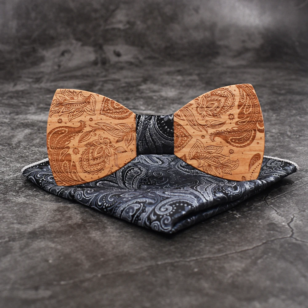 Mahoosive Paisley Wood bow tie for men gift Wedding bowtie Necktie Handkerchief Set Pocket Square Marry Butterfly