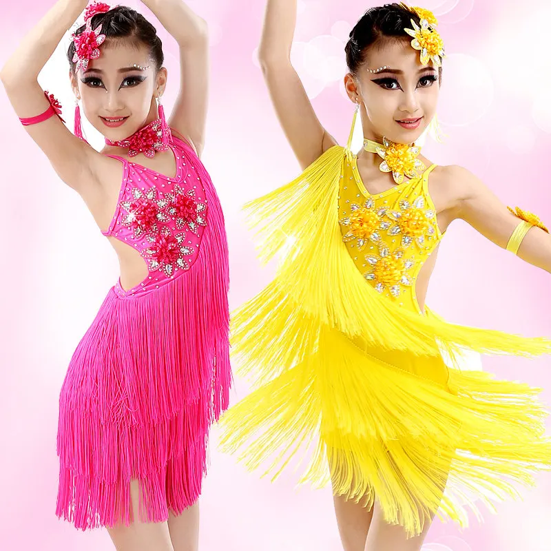 

child kid children professional latin dance dress for girls ballroom dancing dresses for kids red sequin fringe salsa tassel