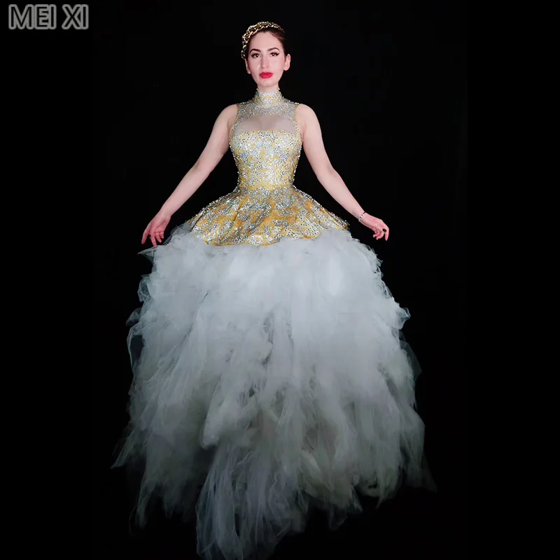 White luxury atmosphere rhinestone lace dress birthday celebration party banquet evening dress concert ball singer costume