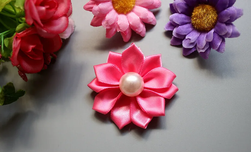 120pc/30 colors With Pearl Center Mini Satin Flowers Satin Rosettes Headband,Ribbon Multilayer Flowers 1.5\