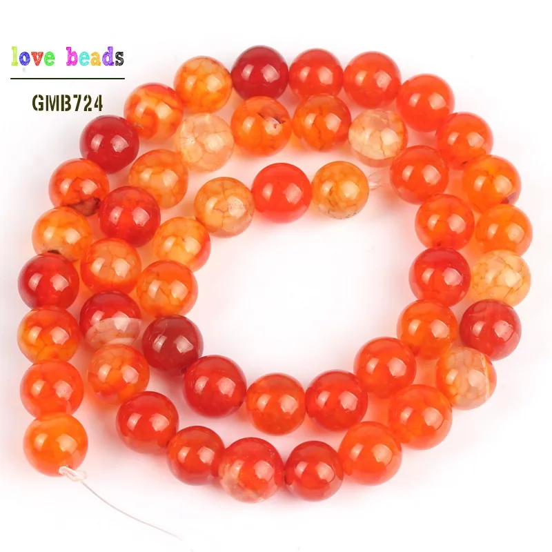 Natural Orange Fire Dragon Veins Agates Round Loose Stone Beads for Jewelry Making DIY Bracelets 15\'\' 6mm 8mm 10mm