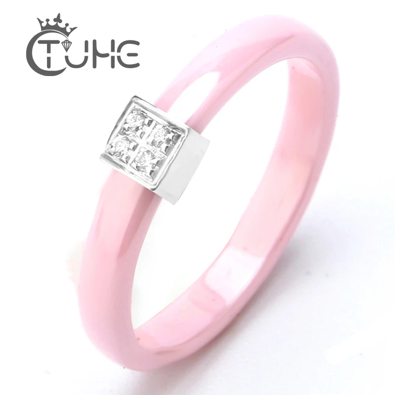 New Pink Crystal Ring 3mm Pink Ceramic Ring Stainless Steel Protruding Square With Rhinestone Women Rings For Female Jewelry