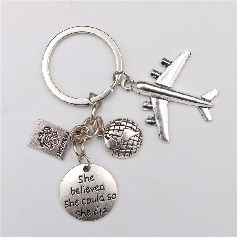 1pc She Believe SHe Could So She Did Charm Airplane Passport Map Keyring DIY Jewelry Crafts Gift Traveler Keychain K1725