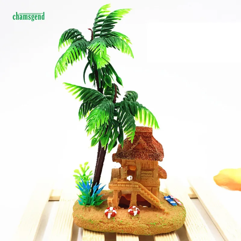 CHAMSGEND Yurts Coconut Trees Aquarium Ornaments For Fish Tank Landscaping Decoration 8 x 6 x 16cm 1PC