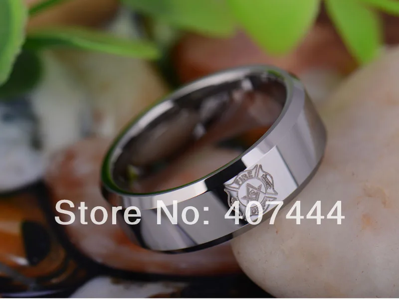 

Free Shipping USA UK Canada Russia Brazil Hot Sales 8MM Polished Silver Beveled Firefighter MASON Tungsten Carbide Wedding Ring