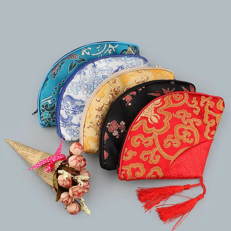 Patchwork Fan Shaped Zipper Cloth Bag Coin Purse Tassel Silk Brocade Jewelry Cosmetic Gift Packaging Pouch 50pcs ZA5686