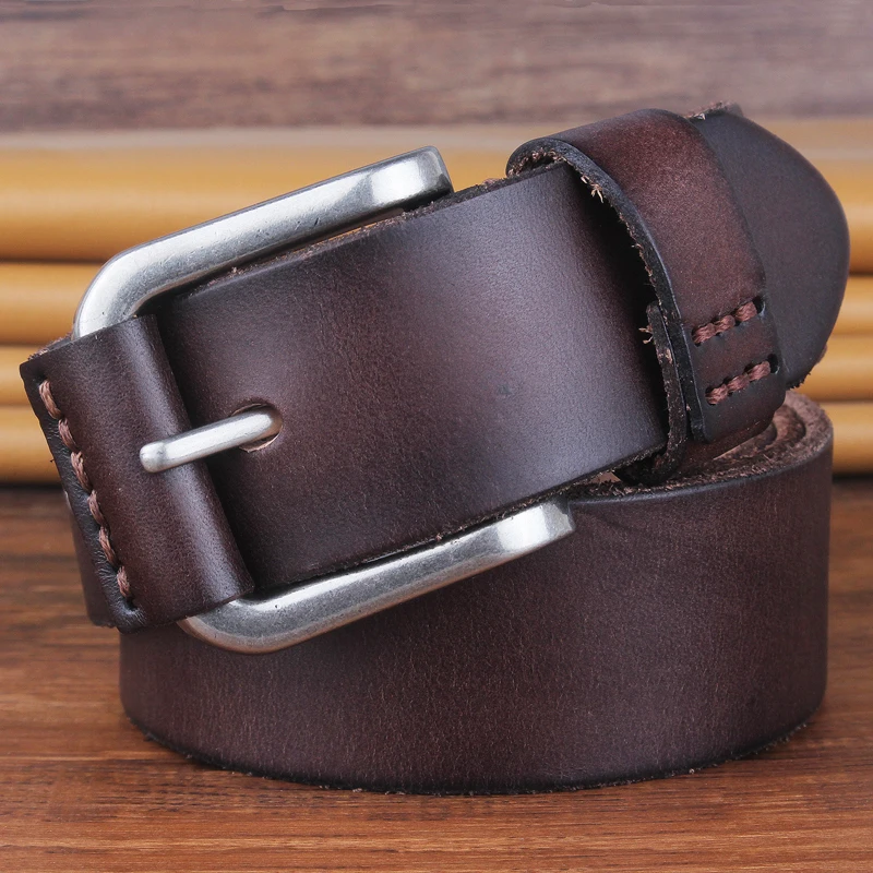 handmade thread stitching men's belt double prong big size genuine leather strap luxury pin buckle fancy vintage belt for jeans