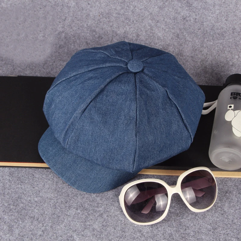HT1618 Western Style Men Women Caps Hats Casual Solid Denim Flat Caps Painter Artist Octagonal Beret Caps Retro Berets