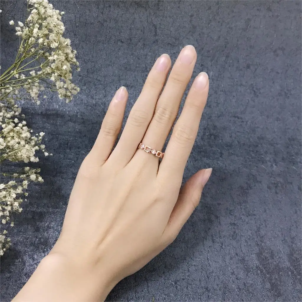 Double Fair Casual Style Rose Gold Color Cubic Zirconia Geometric Finger Rings Fashion Jewelry For Women Girls Party DFR197