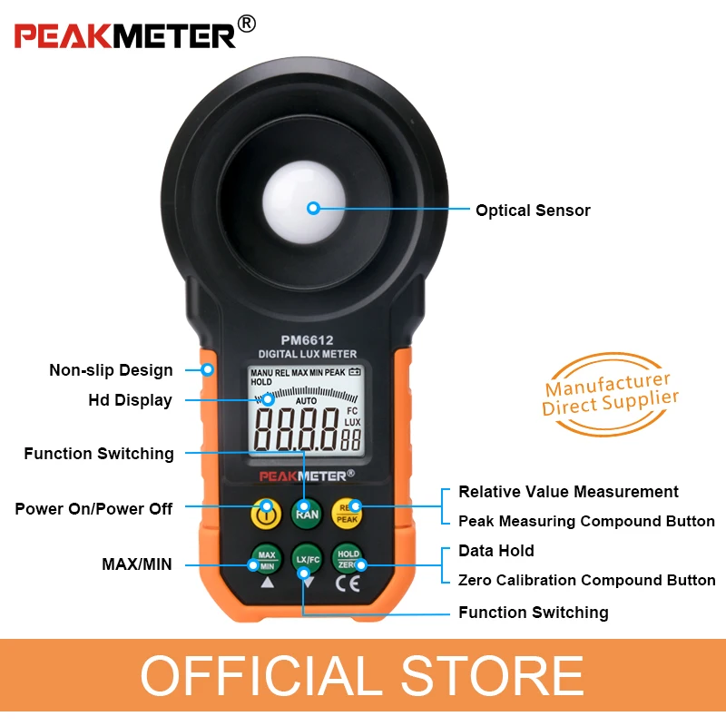 PM6612 Digital LUX Meter 200,000 Lux Light Meter Test Spectra Auto Range High Precision Digital Luxmeter Illuminometer Measure