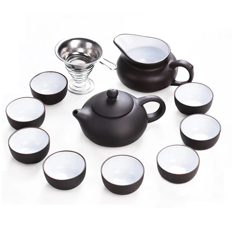 11pcs Kung Fu Tea Set Outside black inside white Zisha,Yixing Teapot Handmade Purple Clay Tea Pot Cup Set ,Ceramic Chinese Gift