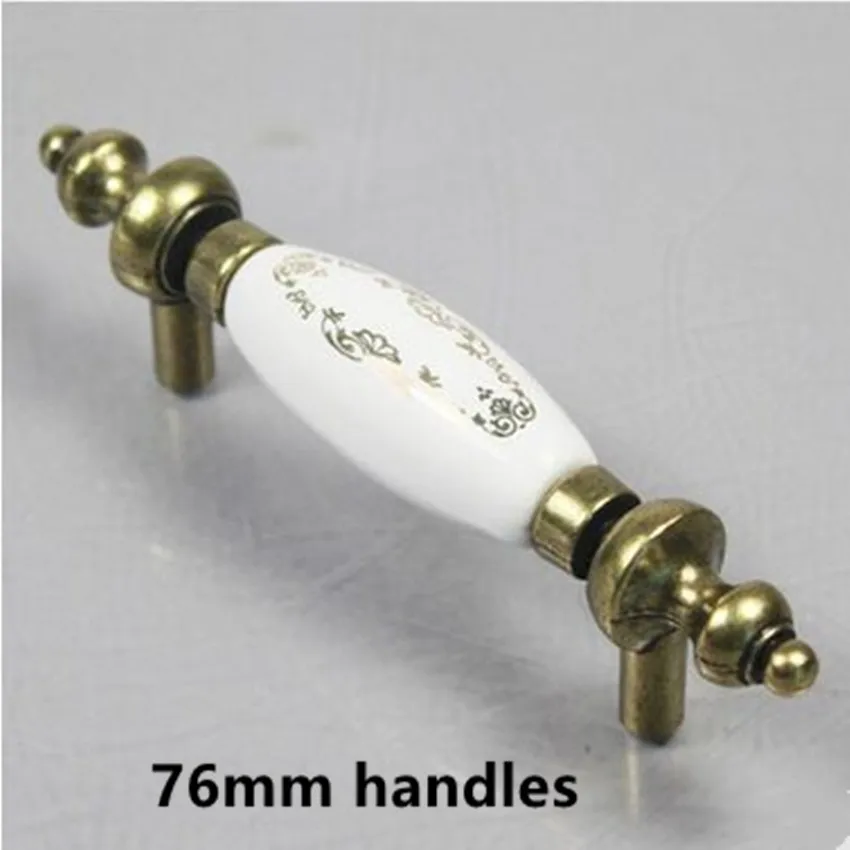 

76mm gold flower white ceramic furniture handles bronze drawer shoe cabinet knobs pull 3" antique brass dresser door handle knob