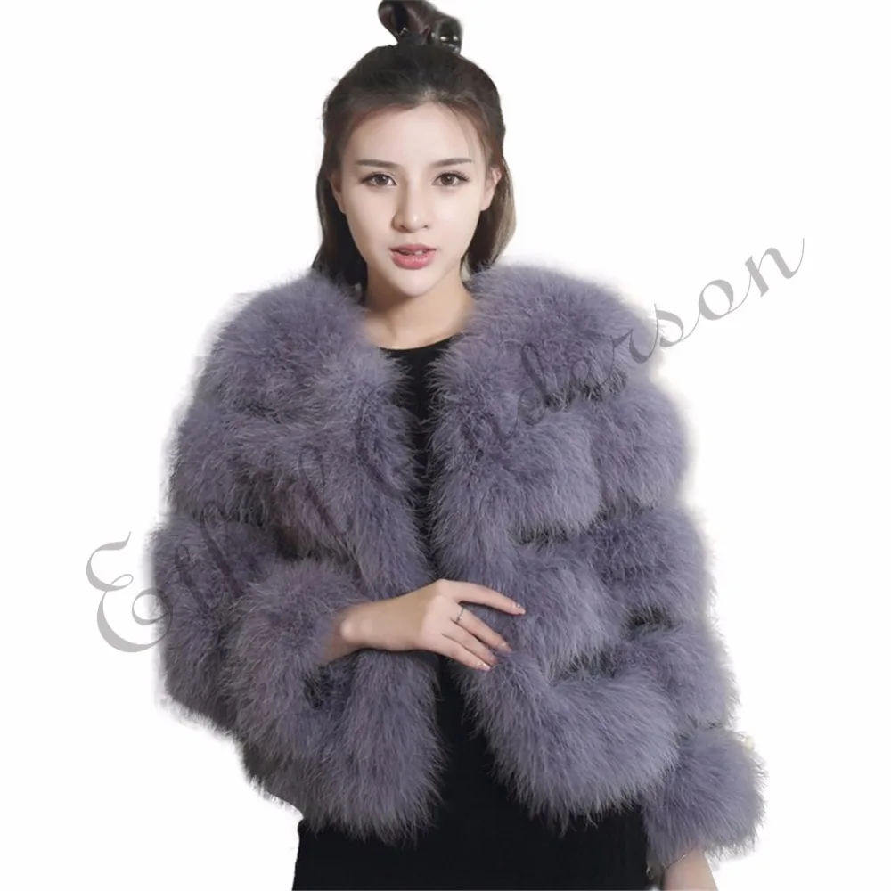 ETHEL ANDERSON Women\'s 100% Real Farm Fluffy Ostrich Turkey Feather Fur Coat Lady Winter Jacket Soft Warmer 3/4 Sleeves Fall