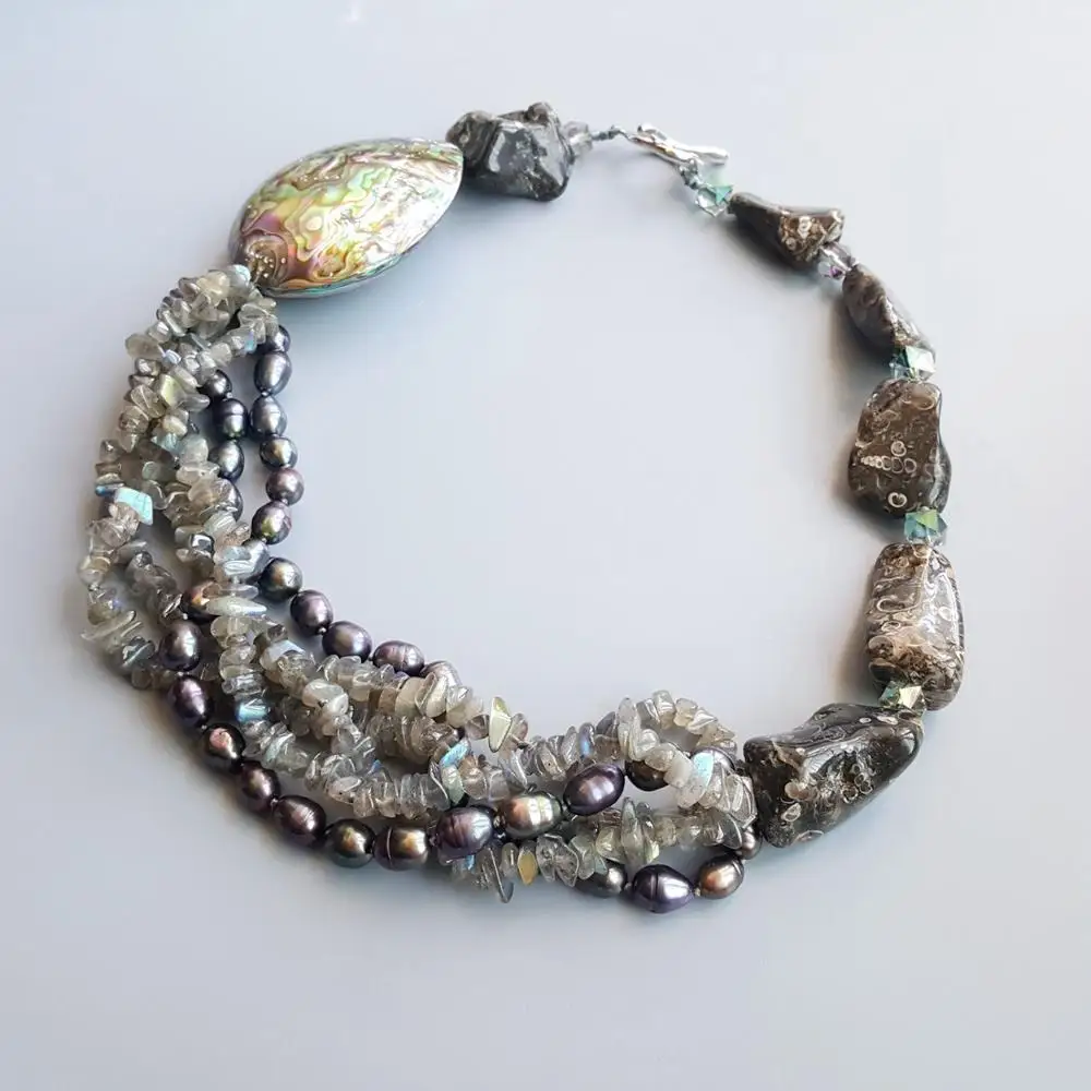 LiiJi Natural Labradorite Freshwater Pearl Abalone Shell Turritella Agatess Unique Big Necklace Toggle Clasp Necklace 52cm