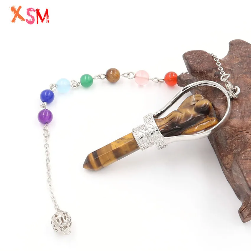 XSM Natural Stone Crystal Hexagonal Pendulum Angel Pendant Spiritual Reiki Healing Pendants 7 Chakra Chain Charms Jewelry 1 Pcs