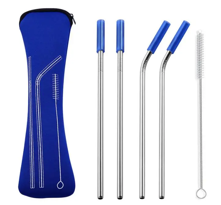 4pcs/set 304 Stainless Steel Straws Reusable High Quality Silver Drinking Straw with Brush & Neoprene Bag for 20oz mugs SN1814