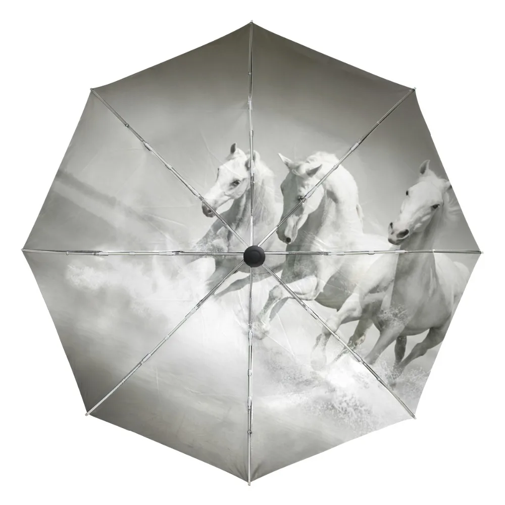 

White Horse Running Portable Folding Rain and Sun Beach Umbrellas Hat Unique Parasol Automatic Umbrella with Outer Black Coating