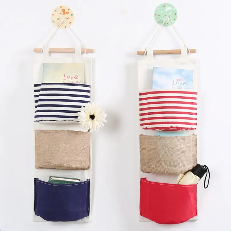 9 Color Wall Sundry Fabric Cotton 3 Pocket Hanging Holder Storage Bag Rack makeup Cosmetic organizer storage basket box AU 233