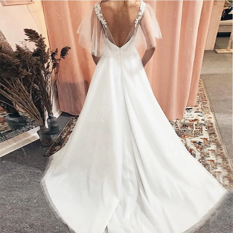 Robe De mariée en dentelle, ligne a, style Boho, manches courtes, jupe en Tulle, dos nu, balayage, blanc ivoire