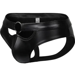 Sexy Gay Underwear Men Hollow Back Jockstrap Black Faux Leather G-string & Thongs Man Lingerie Low Waist Pouch Panties M-XL