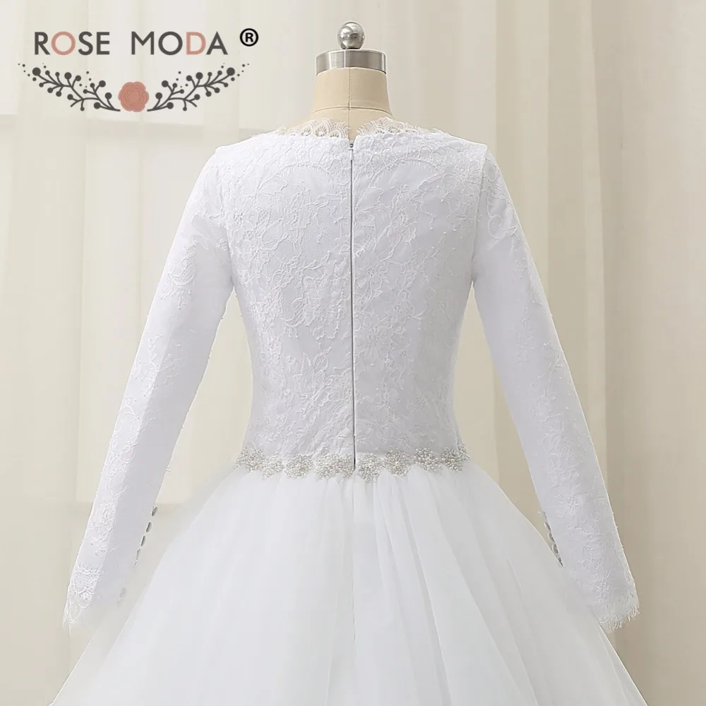 Rose Moda – robe de mariée musulmane, col haut, manches longues, avec ceinture, Photos réelles, sur mesure