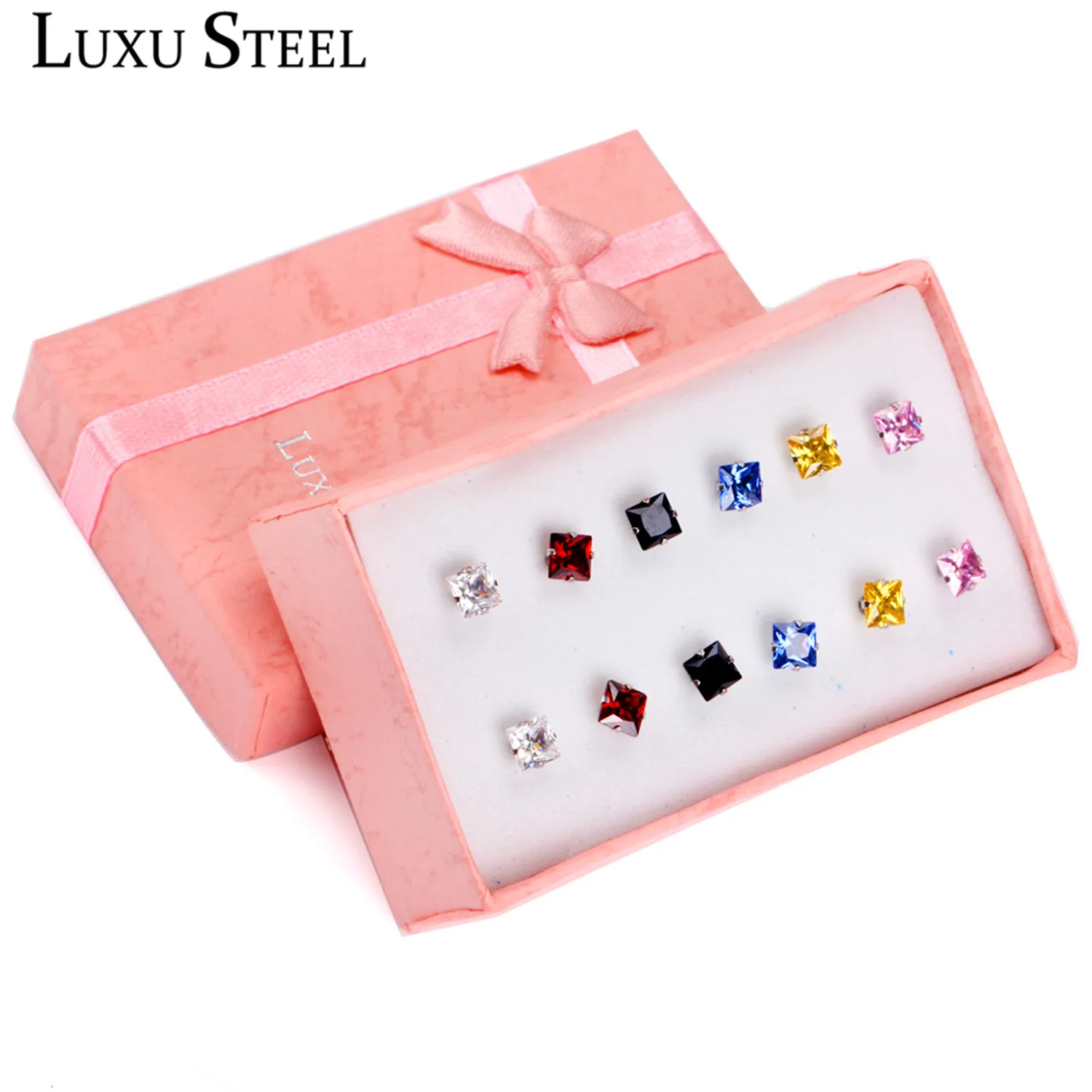 LUXUSTEEL Size 3mm/5mm/7mm Colorful Square Crystal Stud Earrings Stainless Steel 6Pairs/Boxes Earring Sets Bijoux Female