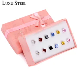 LUXUSTEEL-pendientes cuadrados de cristal para mujer, aretes de acero inoxidable, tamaño de 3mm/5mm/7mm, 6 pares/cajas